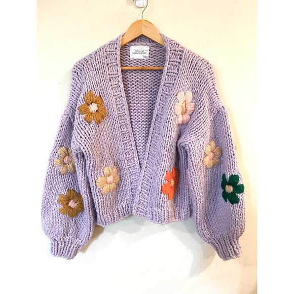Chicwish Embroidered Floral Chunky Knit Cardigan Sweater Lilac Women's - Picture 4 of 14